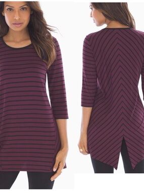 Soma Soft Jersey Split Back Tunic Large Striped Merlot & Black Asymmetrical